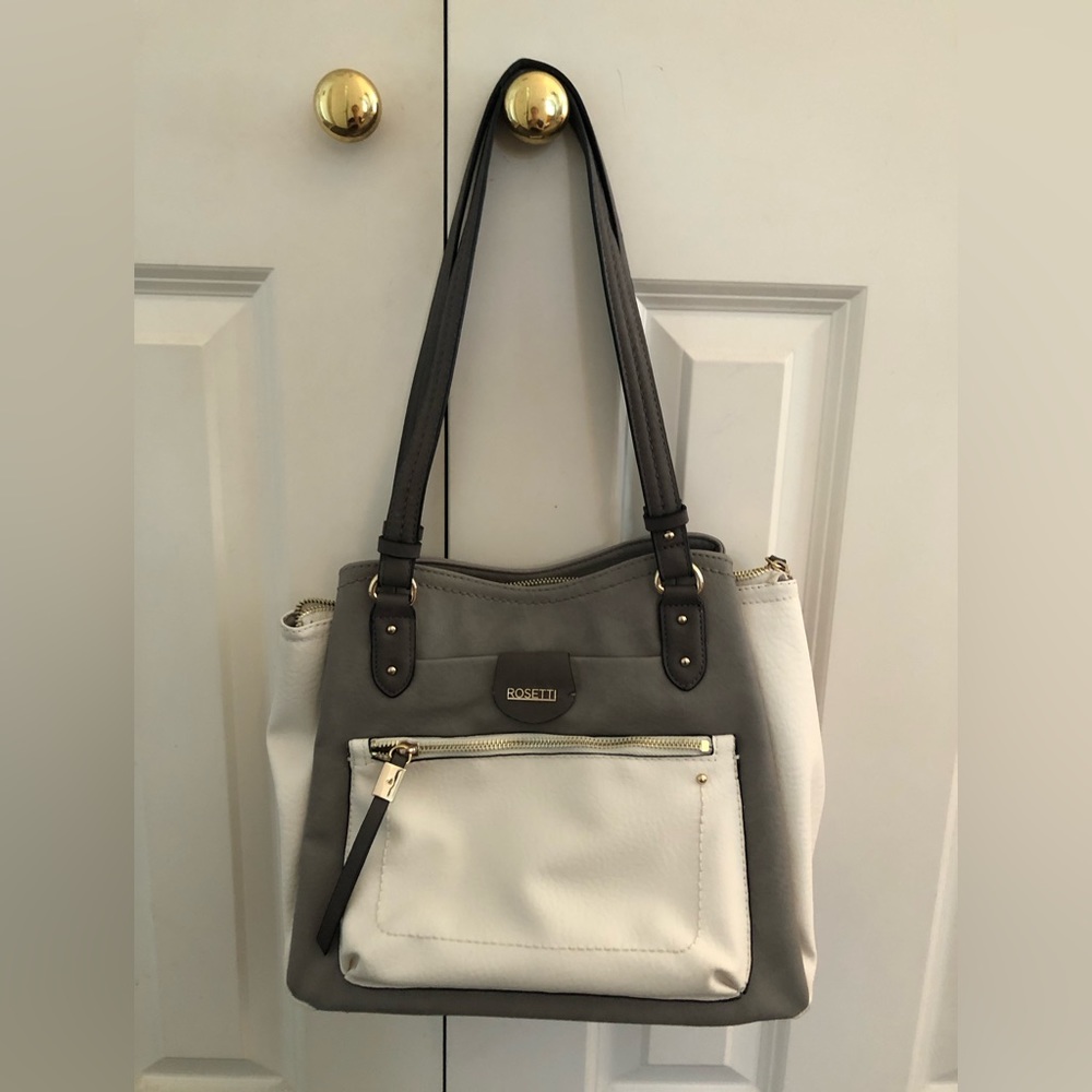 Rosetti gray and cream triple entry satchel, 12” x 10”, hardly used
